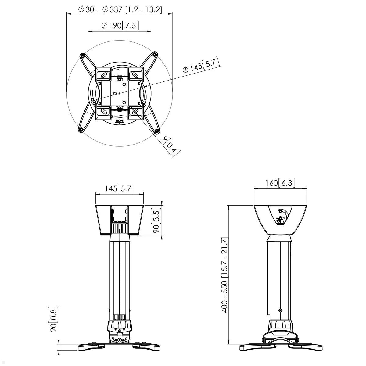 Vogels PPC 1540 Beamer Deckenhalterung Technische Zeichnung