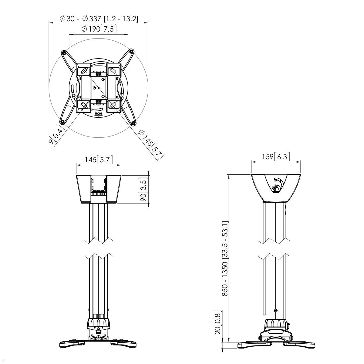Vogels PPC 1585 Beamer Deckenhalterung Technische Zeichnung