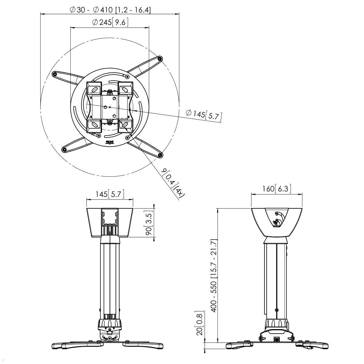 Vogels PPC 2540 Beamer Deckenhalterung Technische Zeichnung