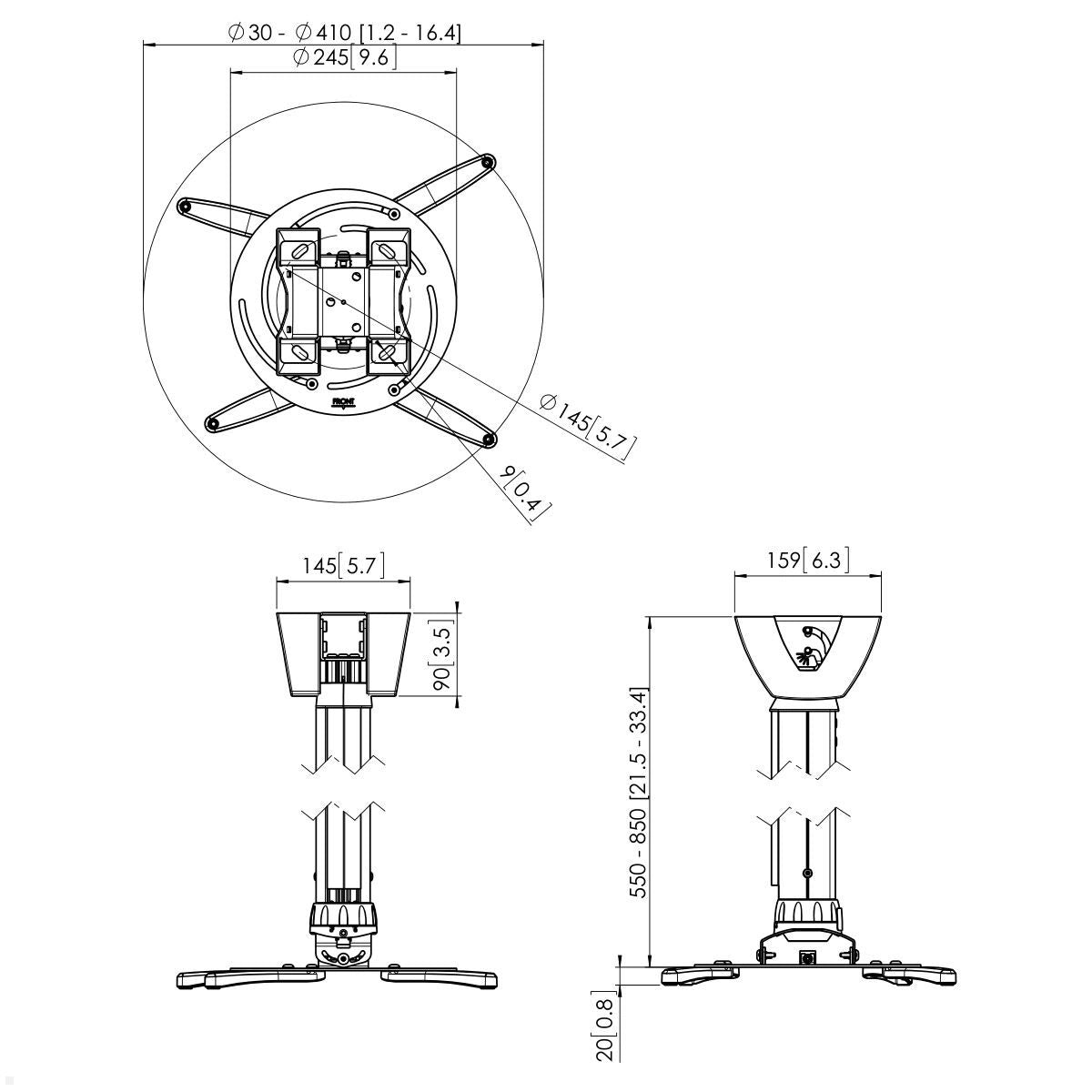 Vogels PPC 2555 Beamer Deckenhalterung Technische Zeichnung