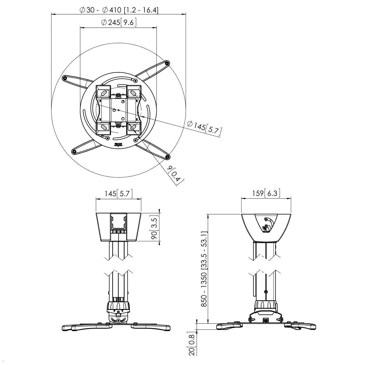Vogels PPC 2585 Beamer Deckenhalterung Technische Zeichnung