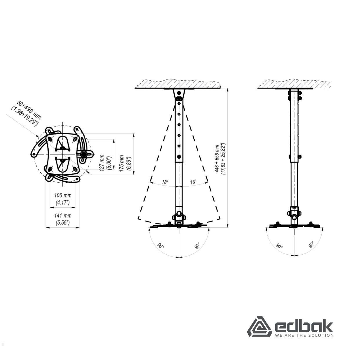 Edbak PM1W Beamer Deckenhalterung 448-656mm 15kg, weiß technische Zeichnung Edbak PM1W Beamer Deckenhalterung 448-656mm 15kg, weiß technische Zeichnung