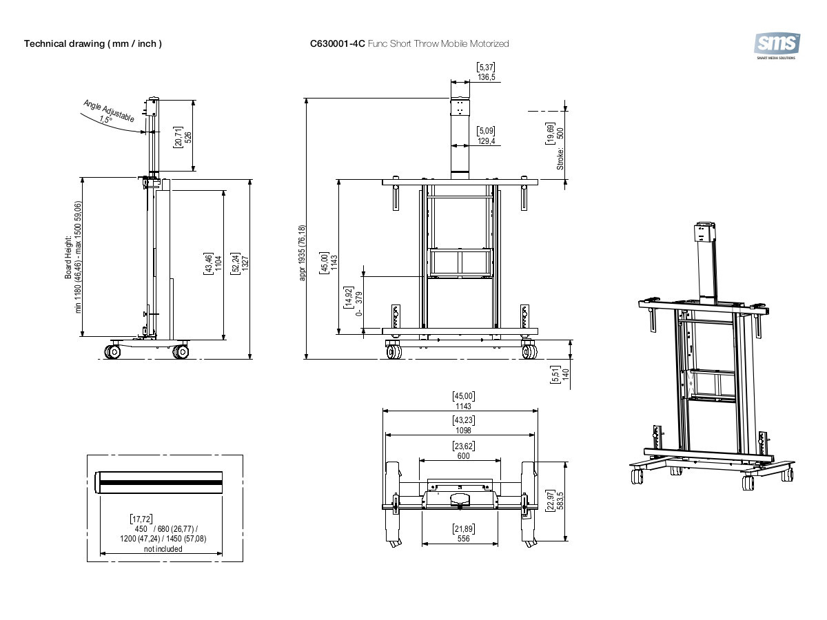 SMS Whiteboard Ständer mit elektrischer Höhenverstellung (C630001-4C) weiß technische Zeichnung SMS Whiteboard Ständer mit elektrischer Höhenverstellung (C630001-4C) weiß technische Zeichnung