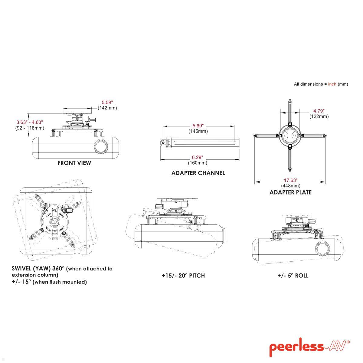 Peerless PRGS-UNV-S Beamer Deckenhalterung bis 22 kg, silber technische Zeichnung Peerless PRGS-UNV-S Beamer Deckenhalterung bis 22 kg, silber technische Zeichnung