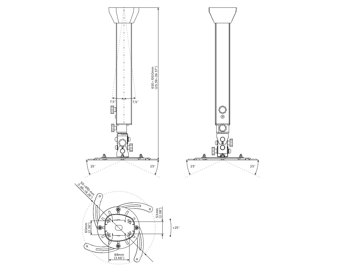 Edbak PMV200 Beamer Deckenhalterung 650-1000mm, schwarz technische Zeichnung Edbak PMV200 Beamer Deckenhalterung 650-1000mm, schwarz technische Zeichnung