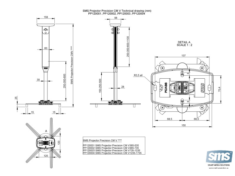 SMS Beamer Deckenhalterung CM V 485-735mm weiß (PP120002) Maße SMS Beamer Deckenhalterung CM V 485-735mm weiß (PP120002) Maße