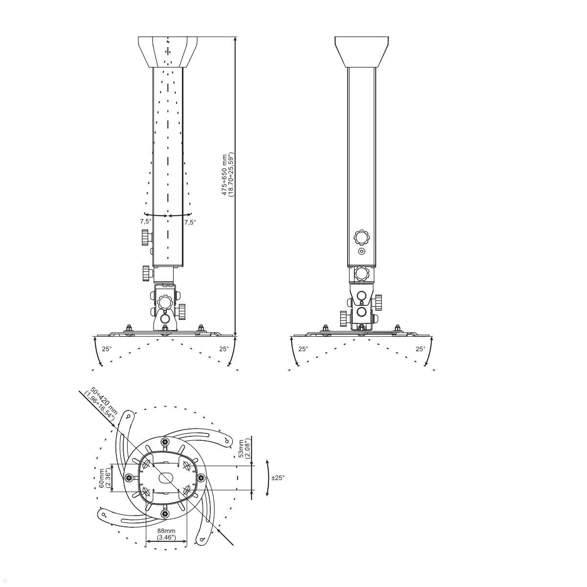 Edbak PMV100W Höhenverstellbarer Beamer Deckenhalter 475 - 650 mm, 30 kg, weiß techische Zeichnung Edbak PMV100W Höhenverstellbarer Beamer Deckenhalter 475 - 650 mm, 30 kg, weiß techische Zeichnung
